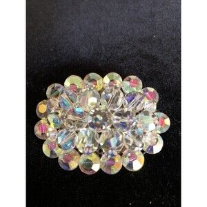 VTG.RETRO IRIDESCENT AURORA BOREALIS MULTI FACET CRYSTAL BEAD OVAL 2” BROOCH